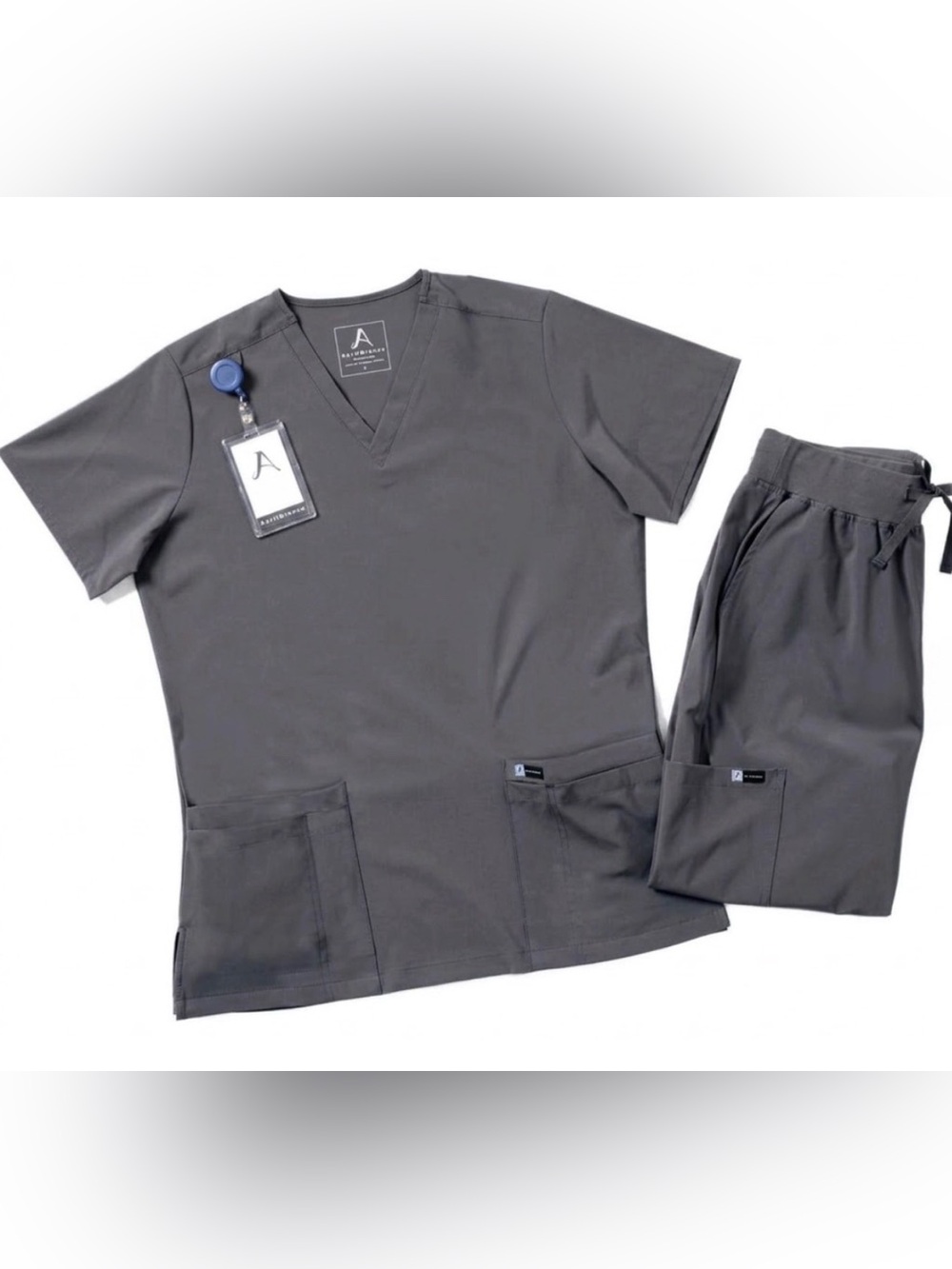 NEW Scrubs Jogger Pants V-neck Top Wmns 2XL Gray 4-Way Stretch 9 pocket